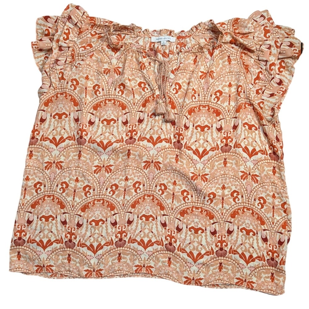 Rose + Olive Orange Paisley Ruffle Flutter Sleeve Tassel Boho Blouse XL